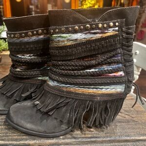 Black Multicolor Fringe Women's Boots